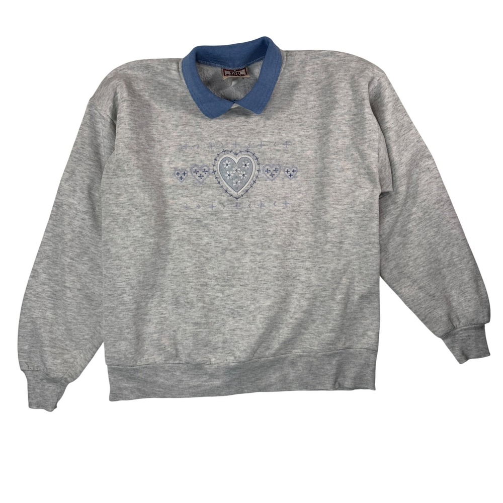 Top Stitch Sweatshirt Large Gray Heart Embroidered Cottagecore Women